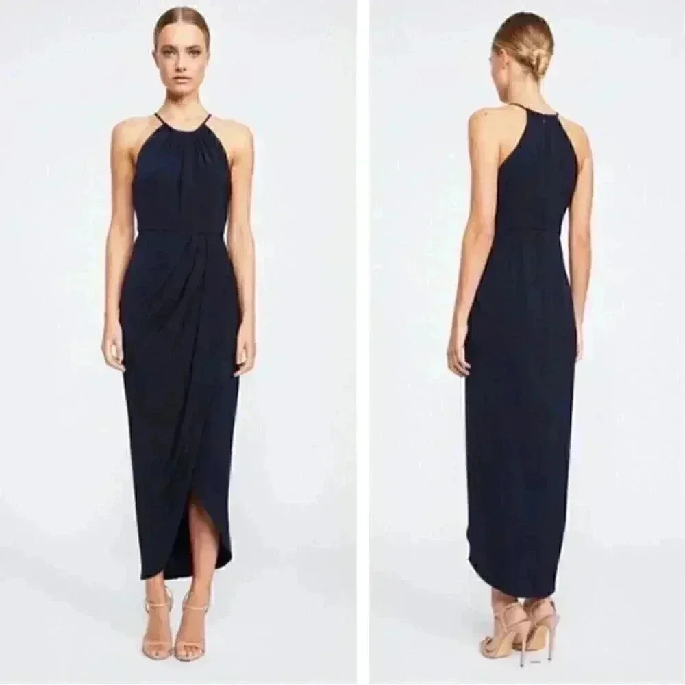 NWT Shona Joy High Neck Ruched Draped Maxi Dress Navy Blue